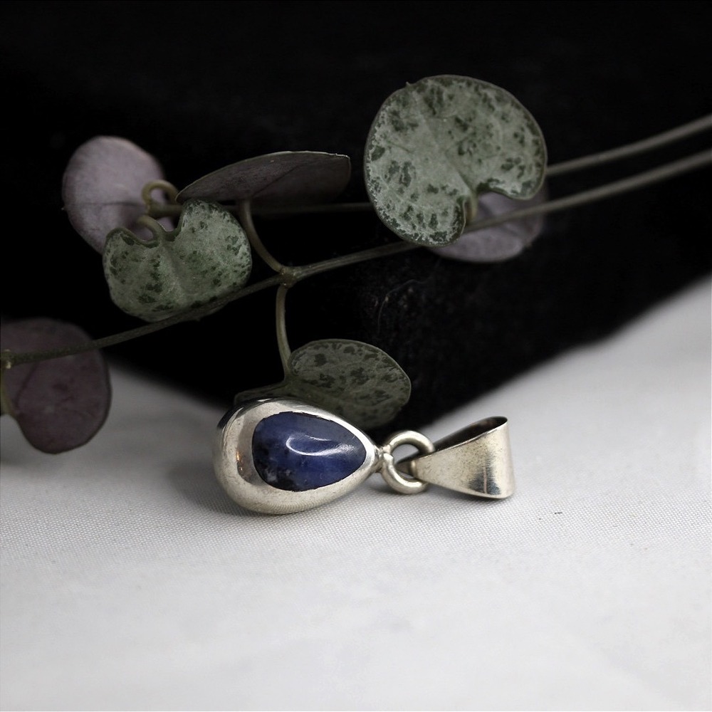 Mexico 925 Sterling Silver Blue Sodalite Teardrop Pendant Gemstone Jewelry